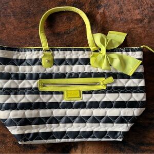 Betsy Johnson Stylish Black and White Striped Tote Bag with Yellow Accents